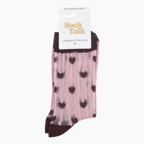 Stripe & Heart Sheer Socks in Brown/Soft Pink