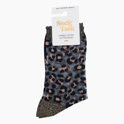 Leopard Print Combed Cotton Sheer Pop Socks in Black