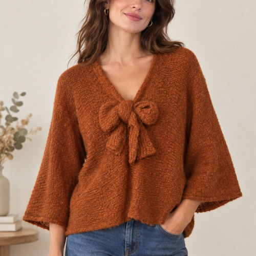 3/4 Sleeve Bow Jumper - Rust