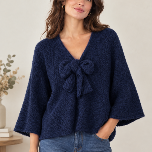 3/4 Sleeve Bow Jumper - Navy