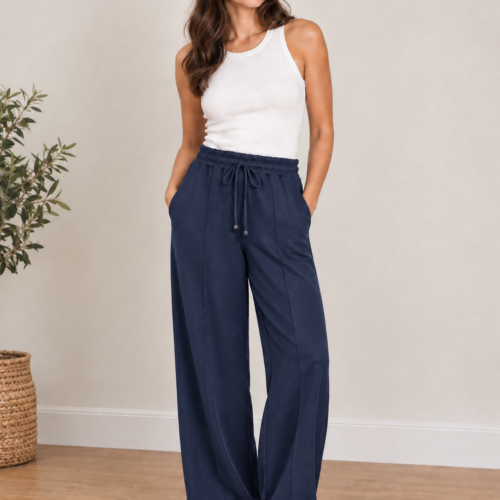 Drawstring Trousers With Crease - Navy