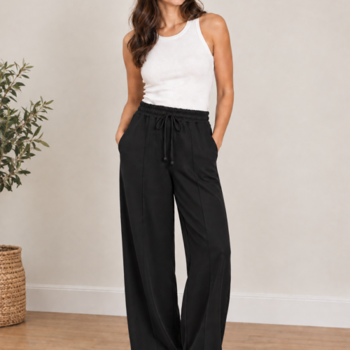 Drawstring Trousers With Crease - Black
