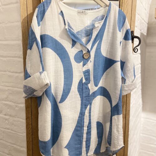 Abstract Print One Button Cotton Top - Denim
