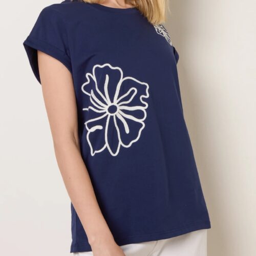 Flower Embroidery T-shirt - Navy