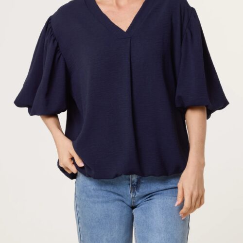 V-Neck Puffed Sleeve Top - Navy