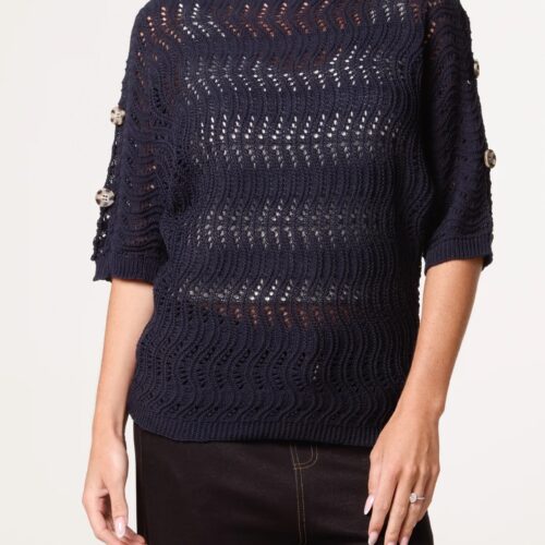 Knitted Side Button Detail Top - Navy