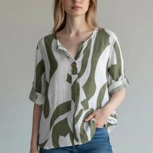 Abstract Print One Button Cotton Top - Khaki