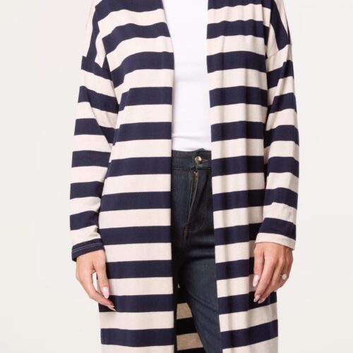 Striped Long Cardigan - Navy