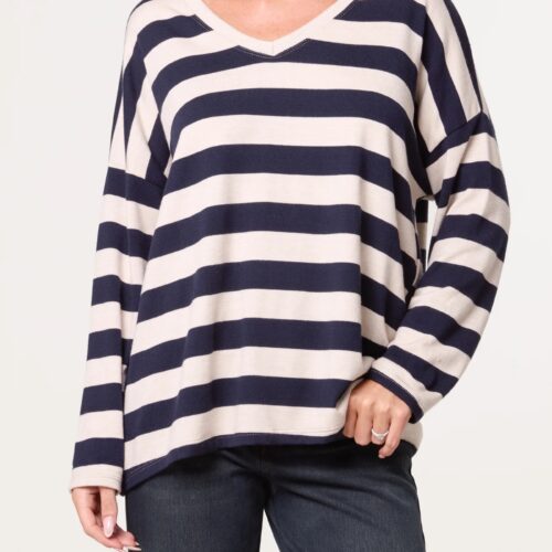 V-Neck Striped Long Sleeve Top - Navy