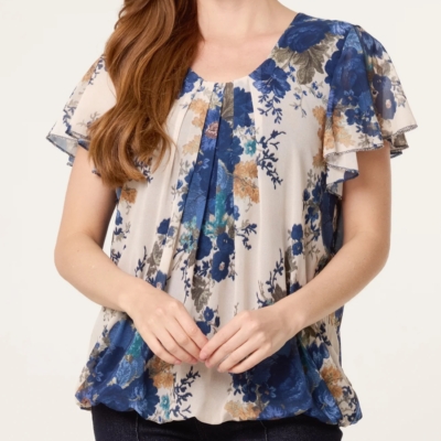 Floral Bubble Hem Top - Navy