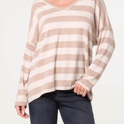 V-Neck Striped Long Sleeve Top - Stone