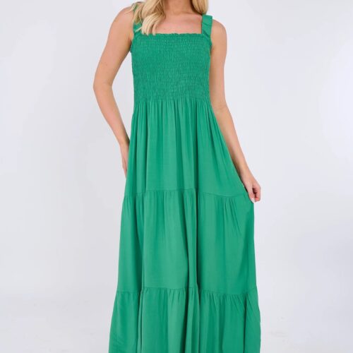 Strap Tiered Shirred Dress - Green