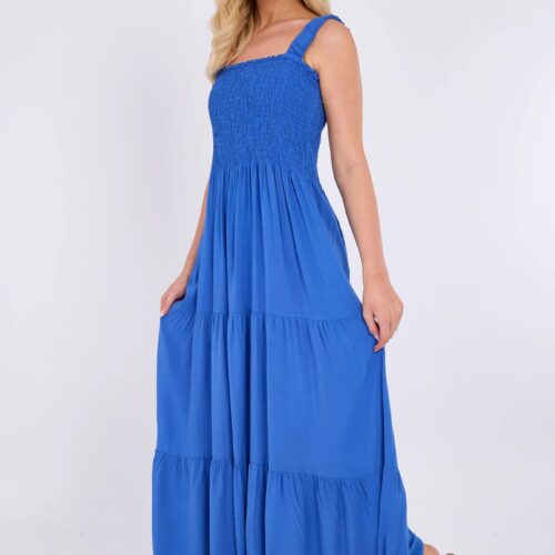 Strap Tiered Shirred Dress - Cobalt Blue
