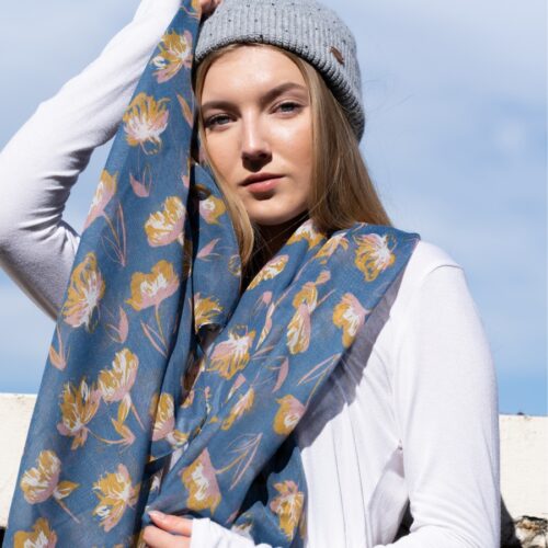 Open Tulips Scarf - Blue