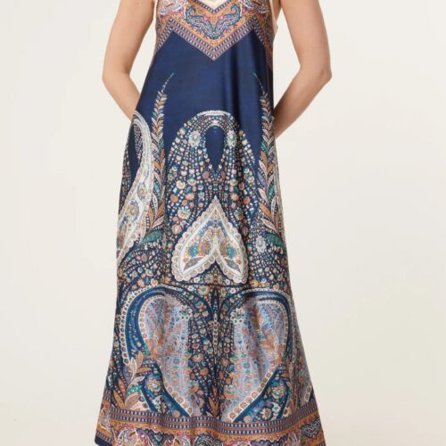 Paisley Satin Maxi Dress - Navy