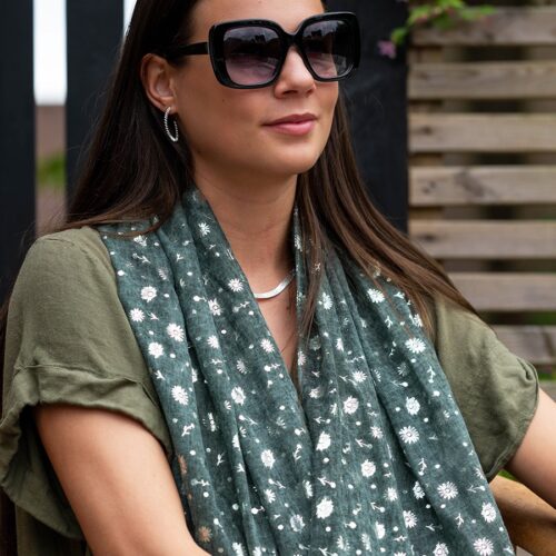 Recycled Green & Metallic Flower Print Scarf
