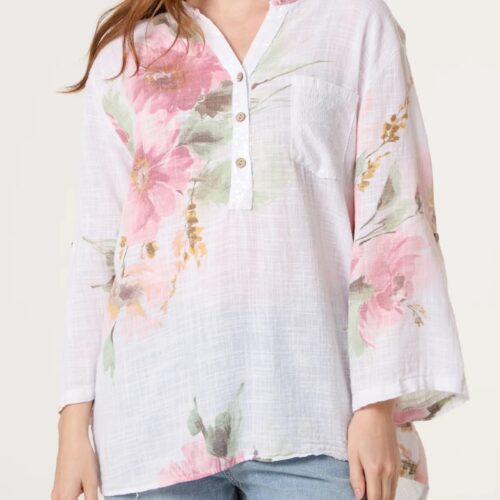 Floral Sequin Pocket Blouse - White