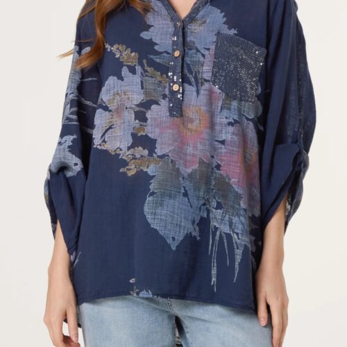 Floral Sequin Pocket Blouse - Navy