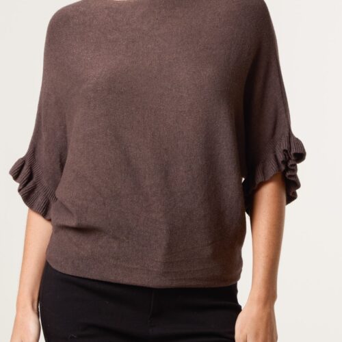 Ruffle Short Sleeve Knitted Top - Chocolate