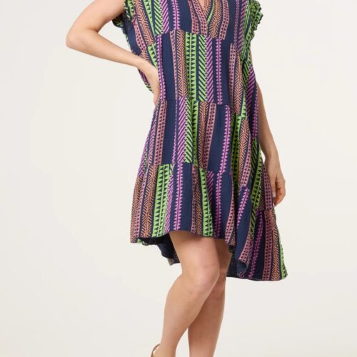 Aztec Cheesecloth Dress - Navy