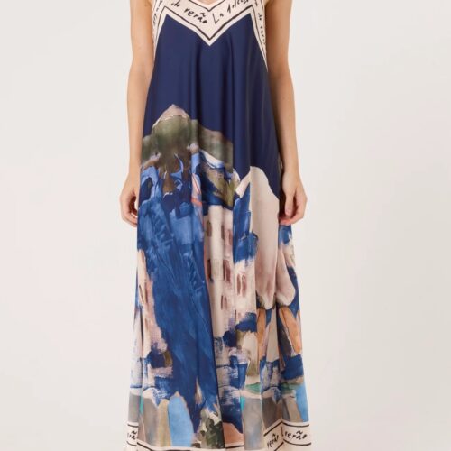 Cami Border Print Satin Dress - Navy