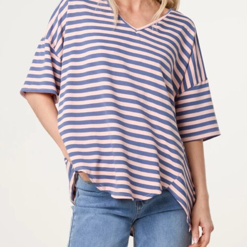 Abstract Hem Striped T-shirt - Denim/Pink