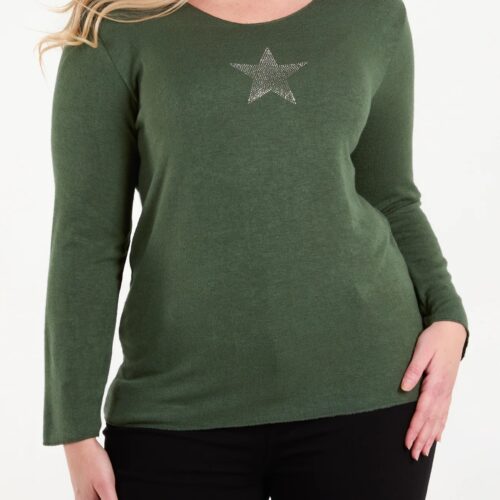 Diamanté Star Long Sleeve Top Khaki