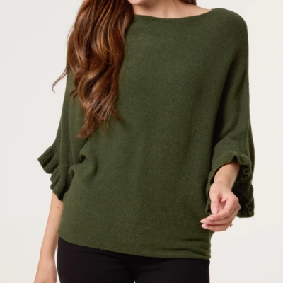 Ruffle Short Sleeve Knitted Top - Khaki