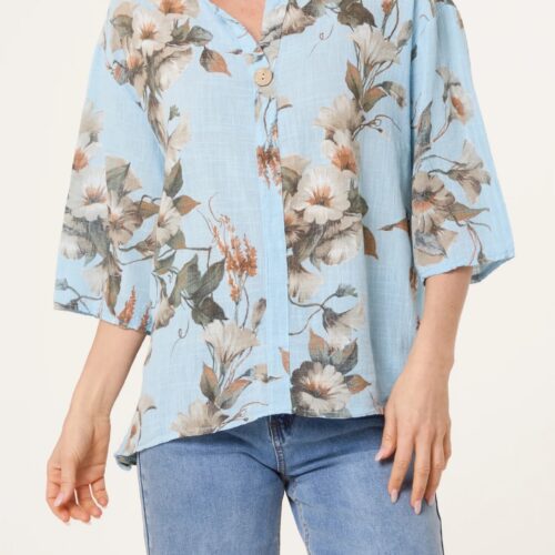 Floral Cotton One Button Top - Light Blue
