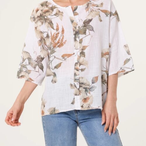 Floral Cotton One Button Top - White