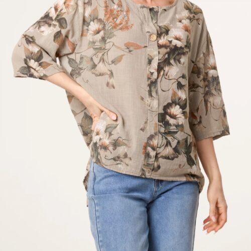 Floral Cotton One Button Top - Mocha