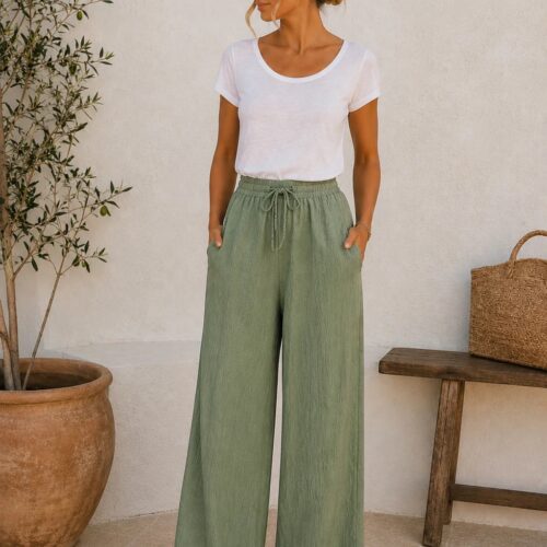 Crinkle Drawstring Wide Trousers - Khaki