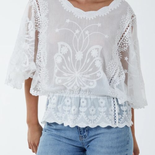 Floral Lace Butterfly Sleeve Blouse - White
