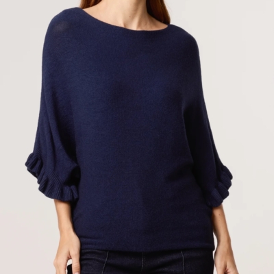 Ruffle Short Sleeve Knitted Top - Navy
