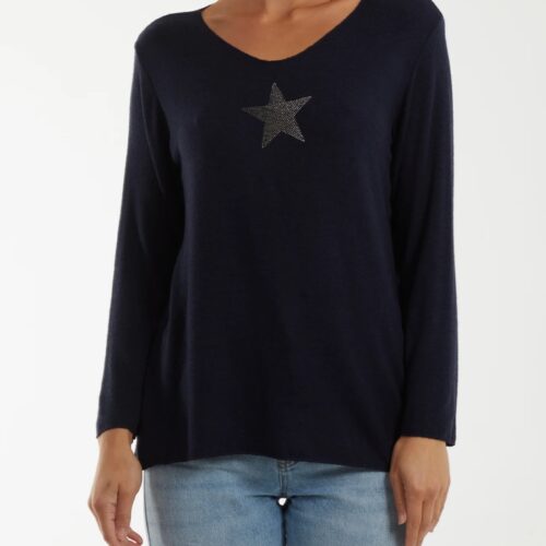 Diamanté Star Long Sleeve Top Navy
