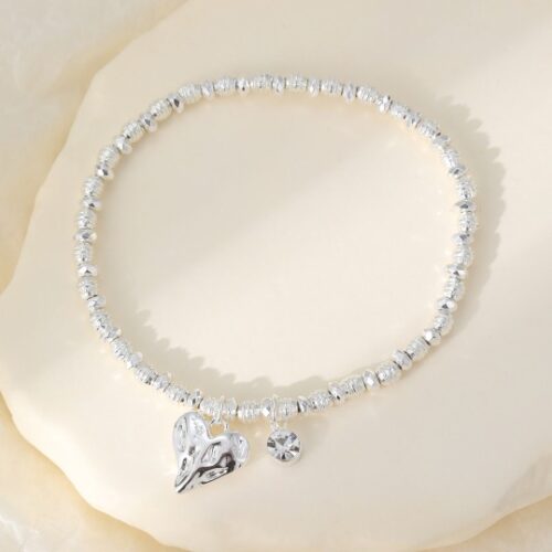 Gracee Hammered Heart Elasticated Bracelet - Silver
