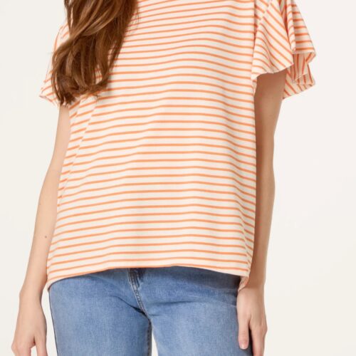 Flutter Sleeve Stripe Cotton T-shirt - Orange