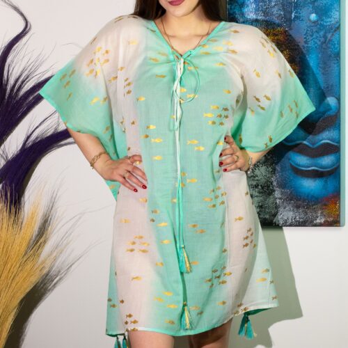 White & Turquoise & Gold Fish Design Kaftan