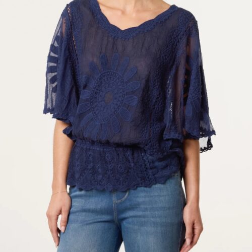 Floral Lace Sunflower Lace Sleeve Blouse - Navy