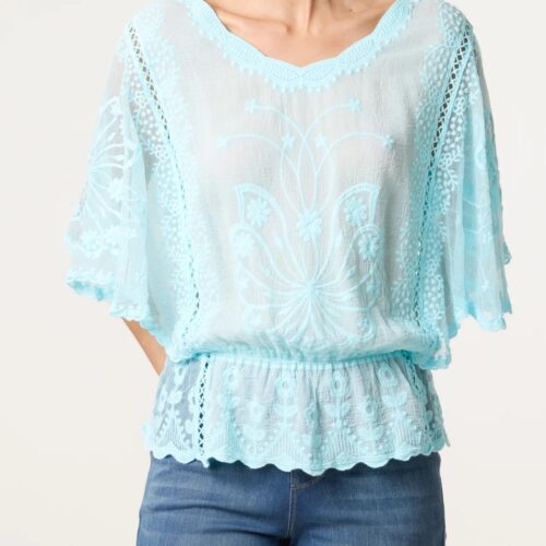 Floral Lace Butterfly Sleeve Blouse - Aqua