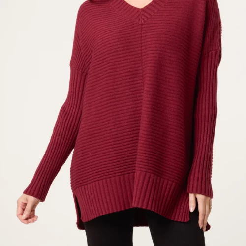Ribbed Relaxed V-Neck Jumper - Wine