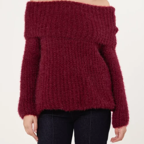 Fluffy Bardot Jumper - Wine