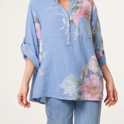Floral Sequin Pocket Blouse - Light Blue