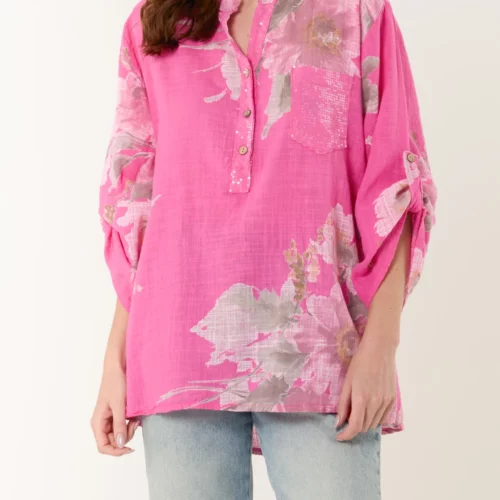 Floral Sequin Pocket Blouse - Hot Pink