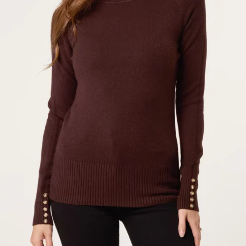Roll Neck Button Cuff Jumper - Brown