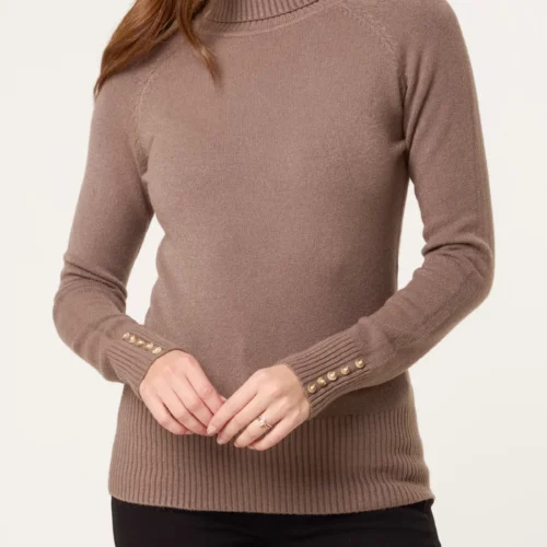 Roll Neck Button Cuff Jumper Mocha