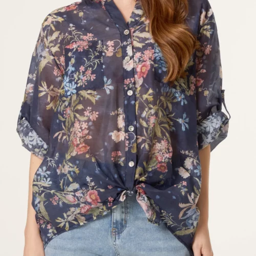 Floral Tie Knot Tencel Blouse - Navy