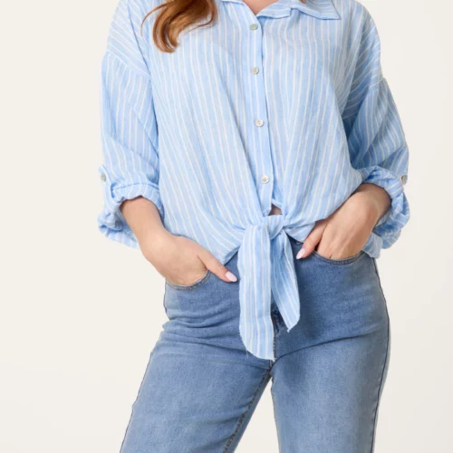Front Knot Cotton Striped Blouse - Light Blue