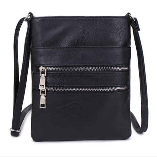 L&S Two Zip Front Cross Body Bag - Black