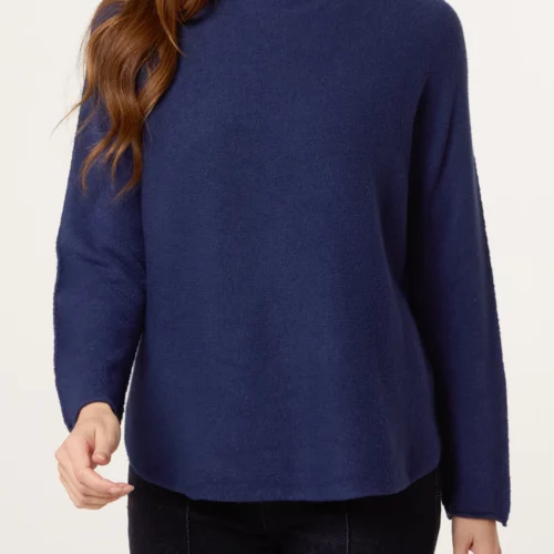 Ribbed High Neck Plain Jumper - Navy